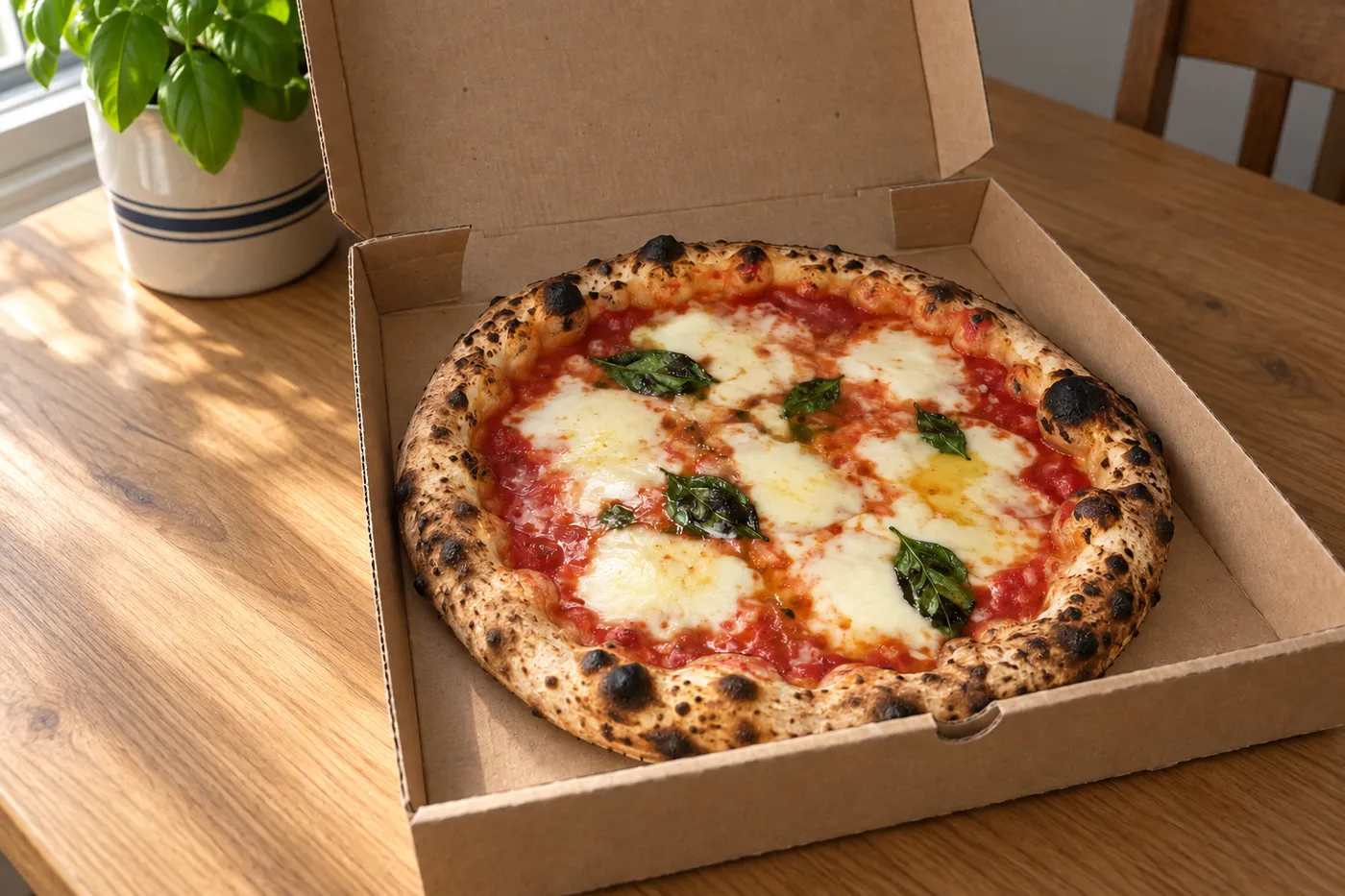 The same pizza after AI: warm window light, clutter removed