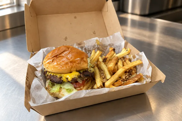 Academy teaching example of a burger and fries in a takeaway box
