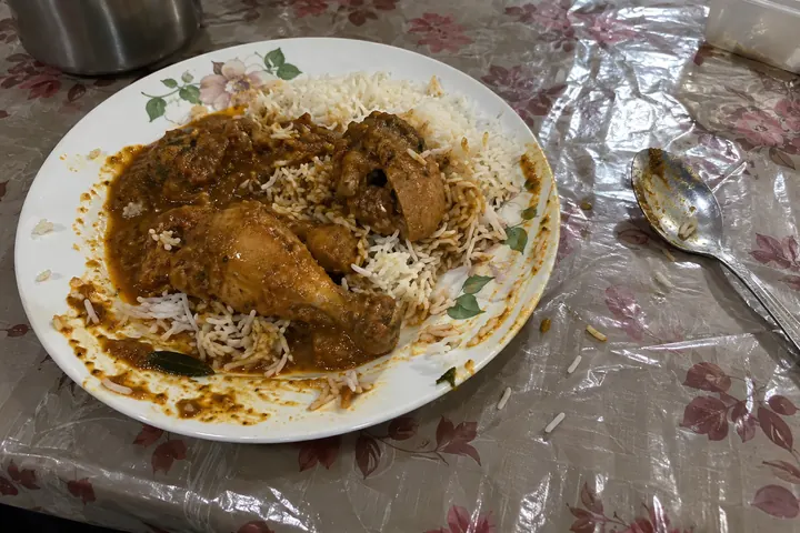 As served, on a plastic tablecloth