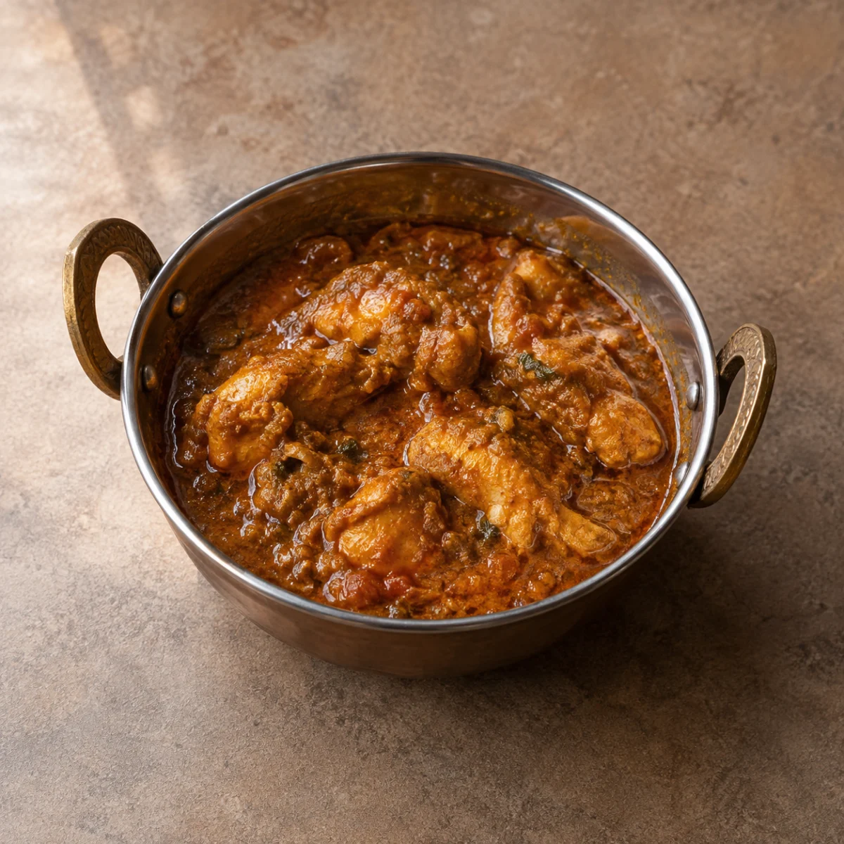 Balti curry in a metal bowl with room around the dish for a delivery-menu crop