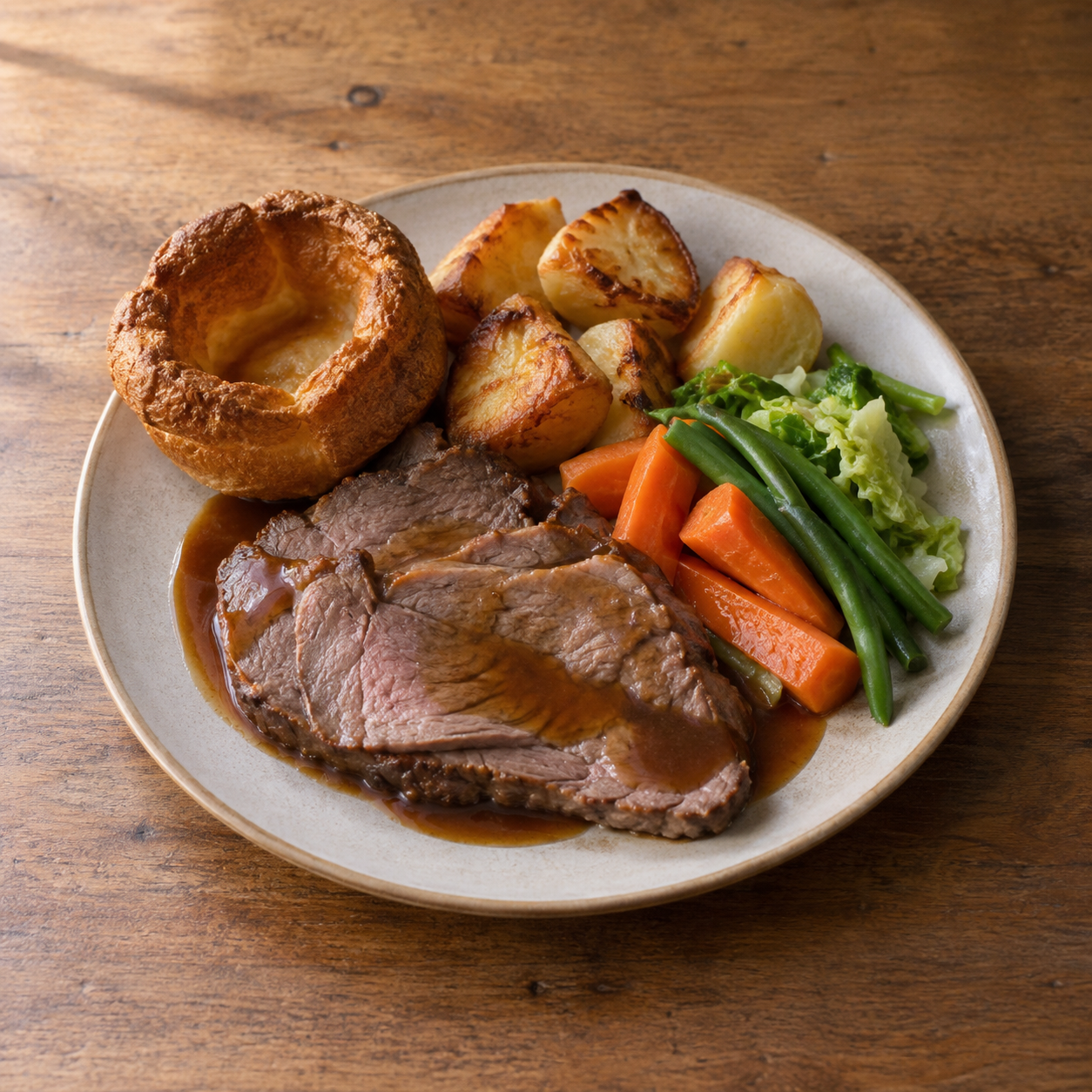 Sunday roast plate with beef, potatoes, vegetables and Yorkshire pudding framed for a menu tile