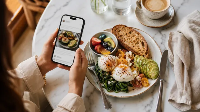 A brunch plate photographed beside a phone and coffee.