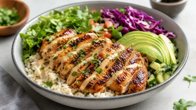 Grilled chicken, avocado and vegetables in a bowl.