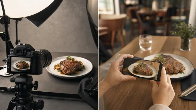 A restaurant dish photographed in a studio and with a phone.