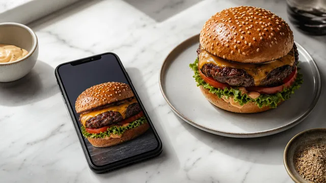 A burger on a white plate beside its phone photograph.