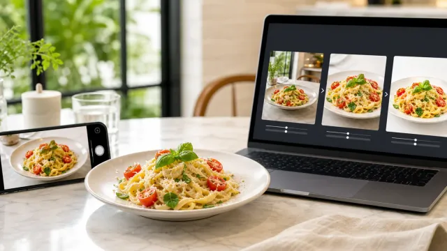 A restaurant dish beside a laptop showing a food photo collection.