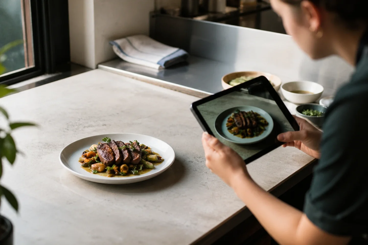 A plated dish prepared for a restaurant menu photograph in a working kitchen.