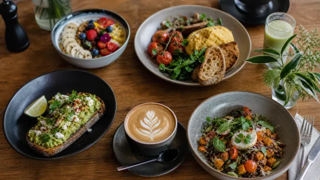 Coffee and colorful bowls on a café table.