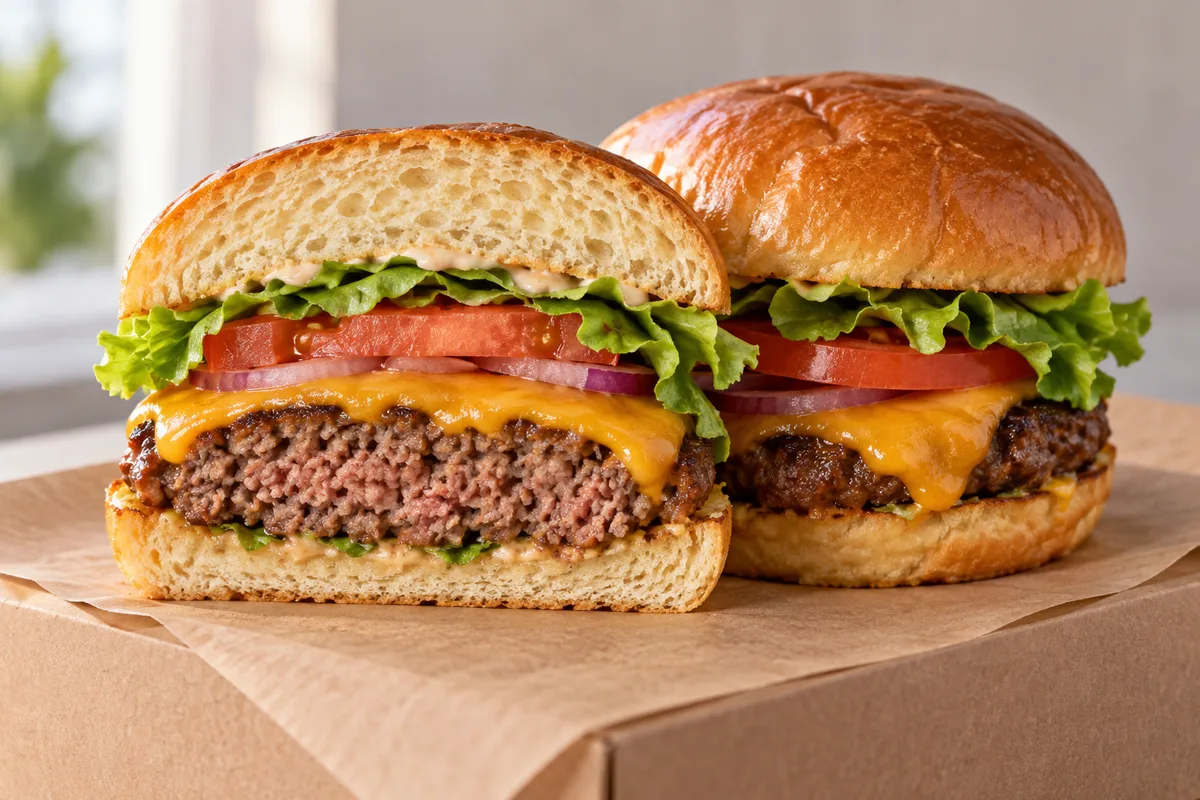 Illustrative generated burger cut in half showing interior patty and cheese.
