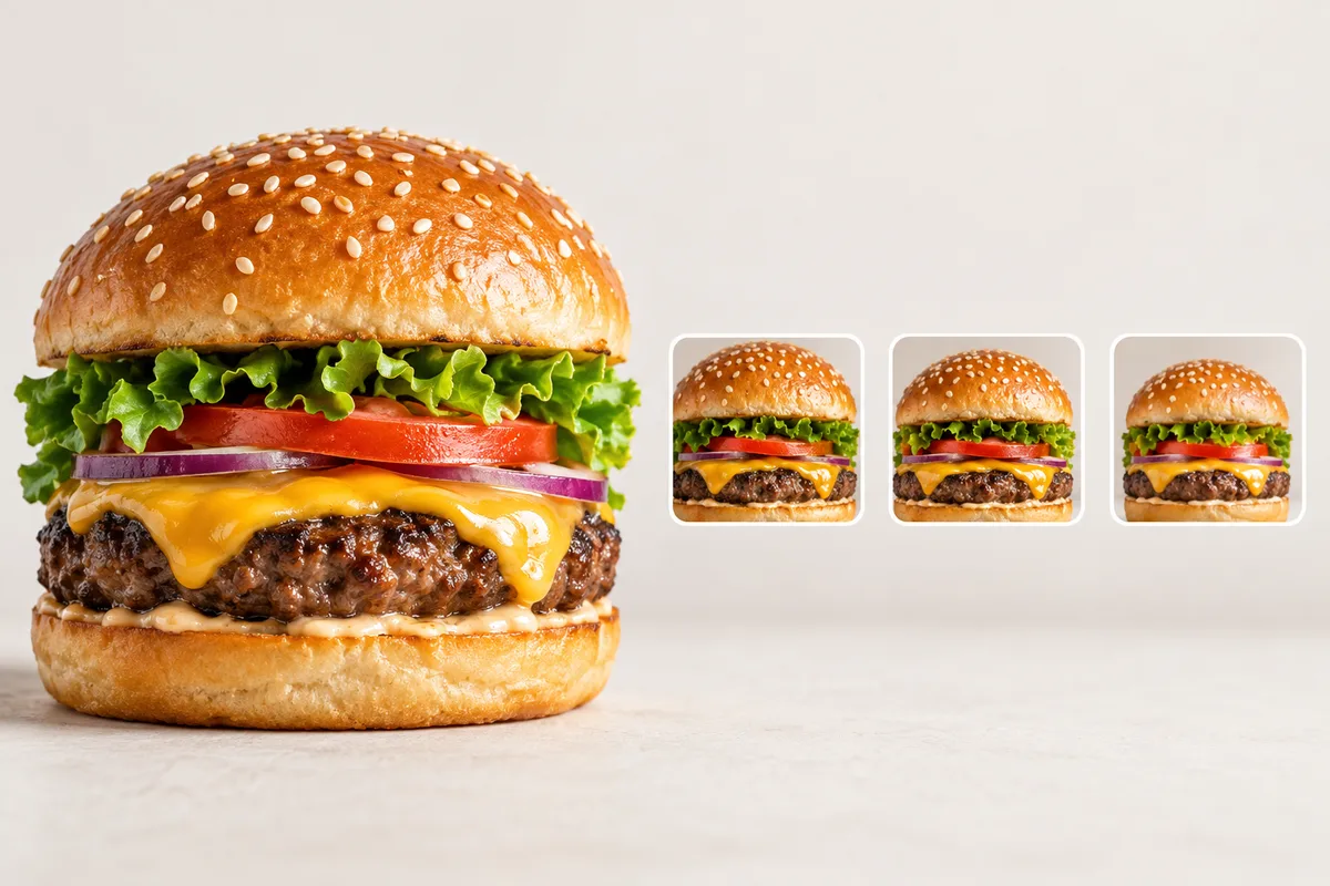 Illustrative generated delivery grid showing burger thumbnails at phone size.