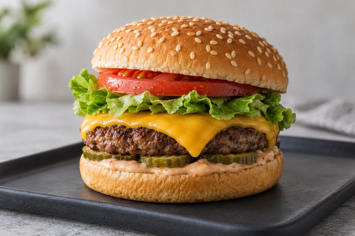 Illustrative generated cheeseburger showing countable layers from bottom bun to sesame top bun.