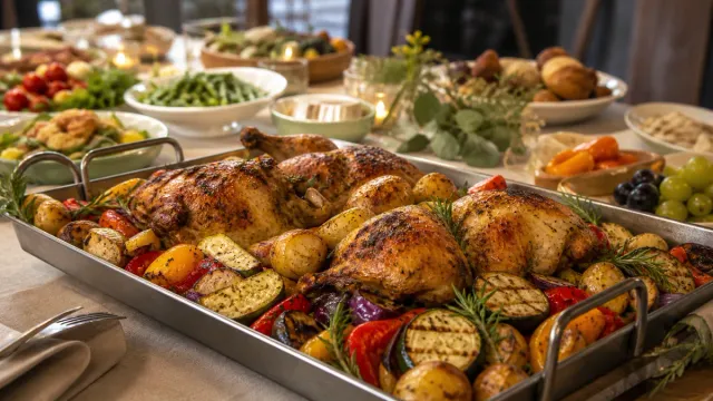 A restaurant buffet of roasted dishes and vegetables.