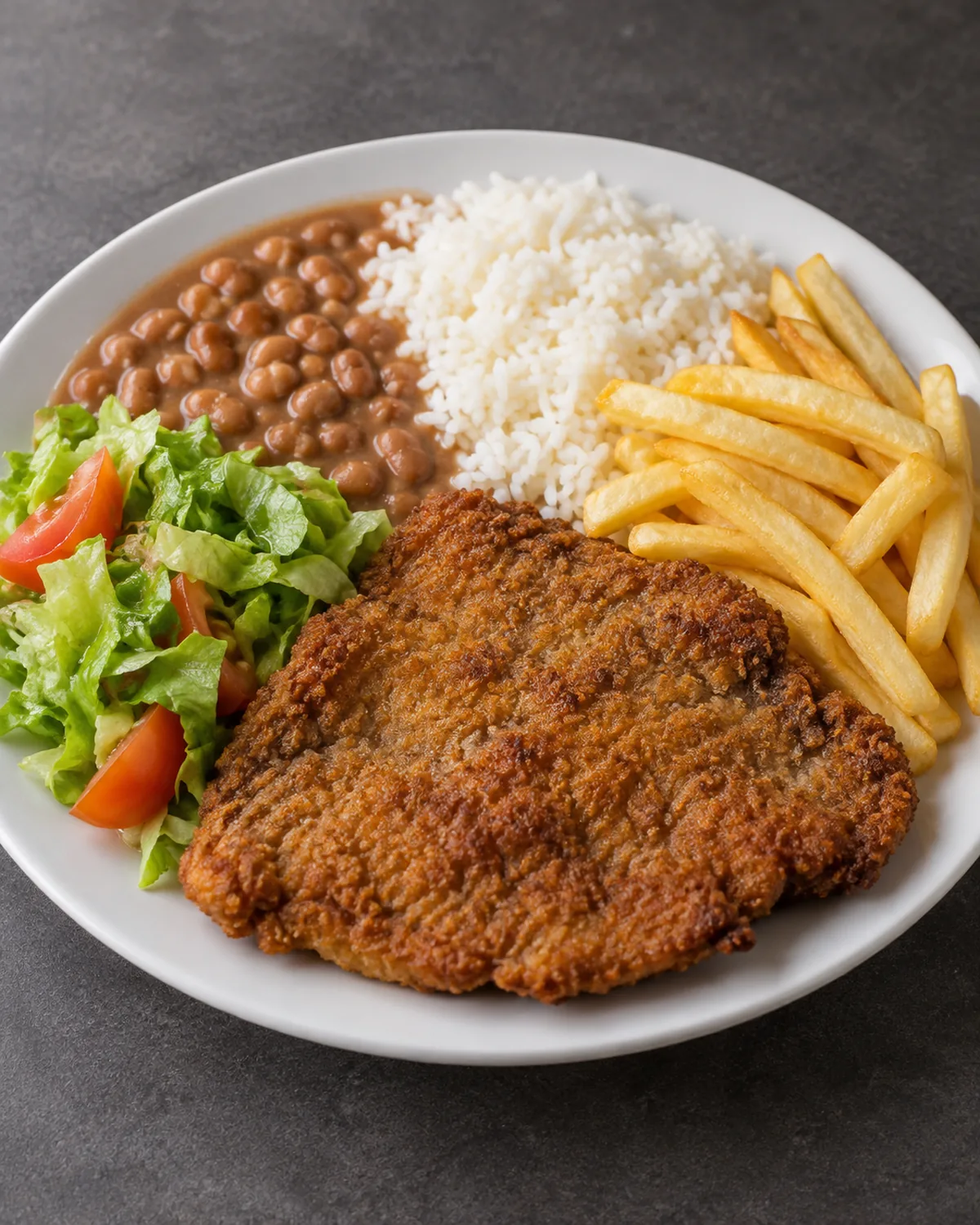 Prato feito com arroz, feijão, bife à milanesa e salada em fundo escuro