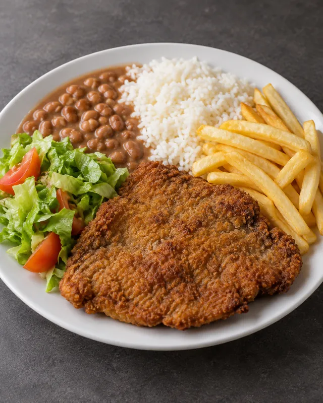 Prato feito com arroz, feijão, bife à milanesa e salada em fundo escuro
