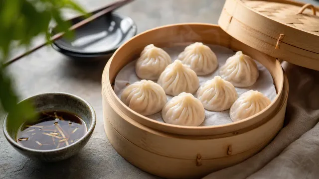Steamed dumplings in a bamboo basket.