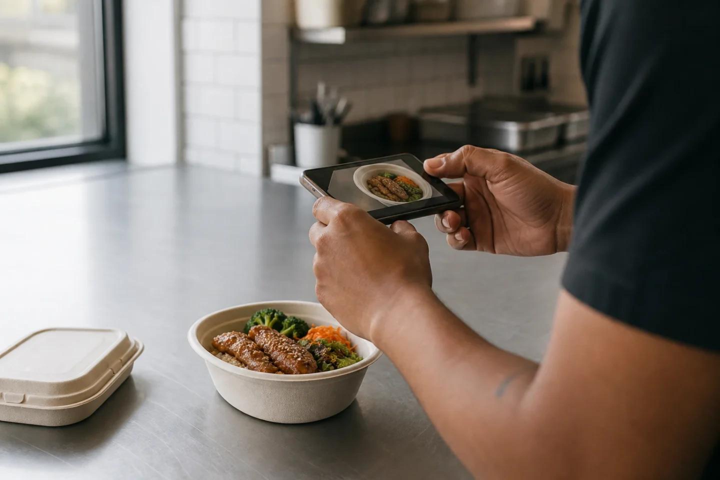 A plated dish prepared for a restaurant menu photograph in a working kitchen.