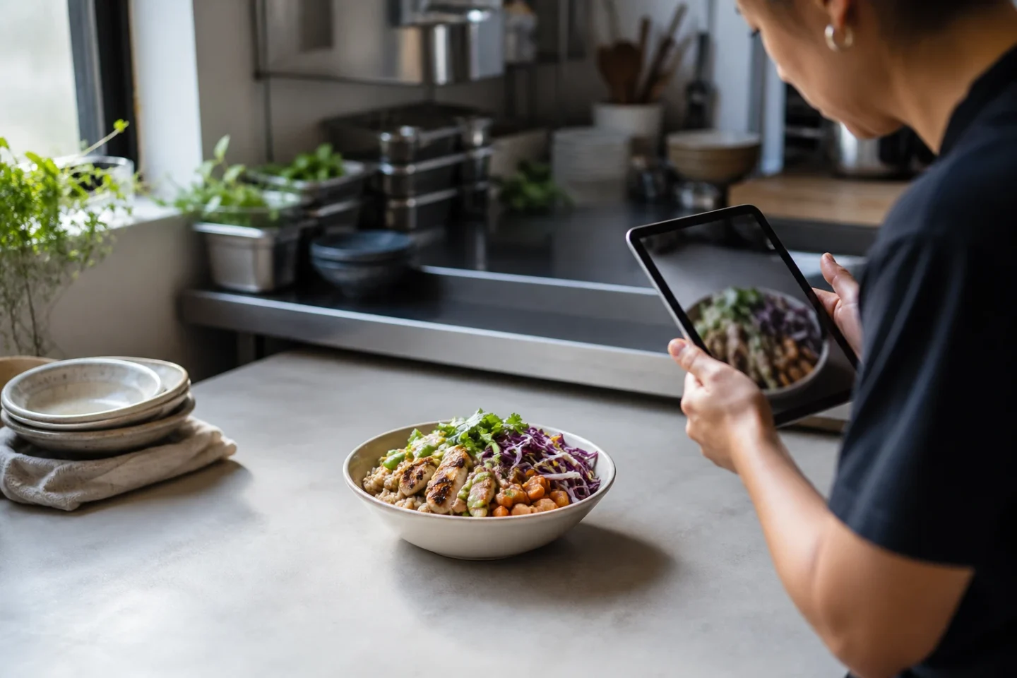 A plated dish prepared for a restaurant menu photograph in a working kitchen.