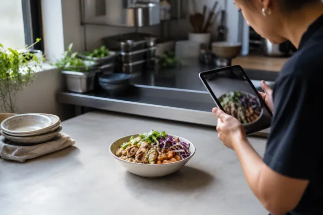A plated dish prepared for a restaurant menu photograph in a working kitchen.