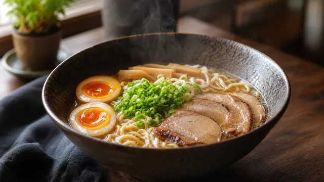 A bowl of ramen with noodles, egg and sliced meat.