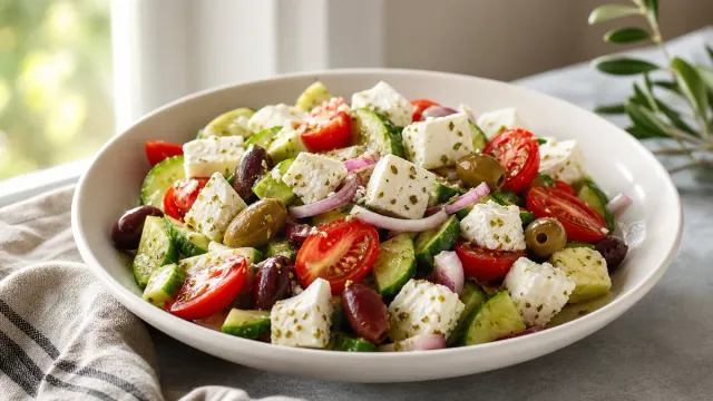 A colorful salad with tomatoes and white cheese.