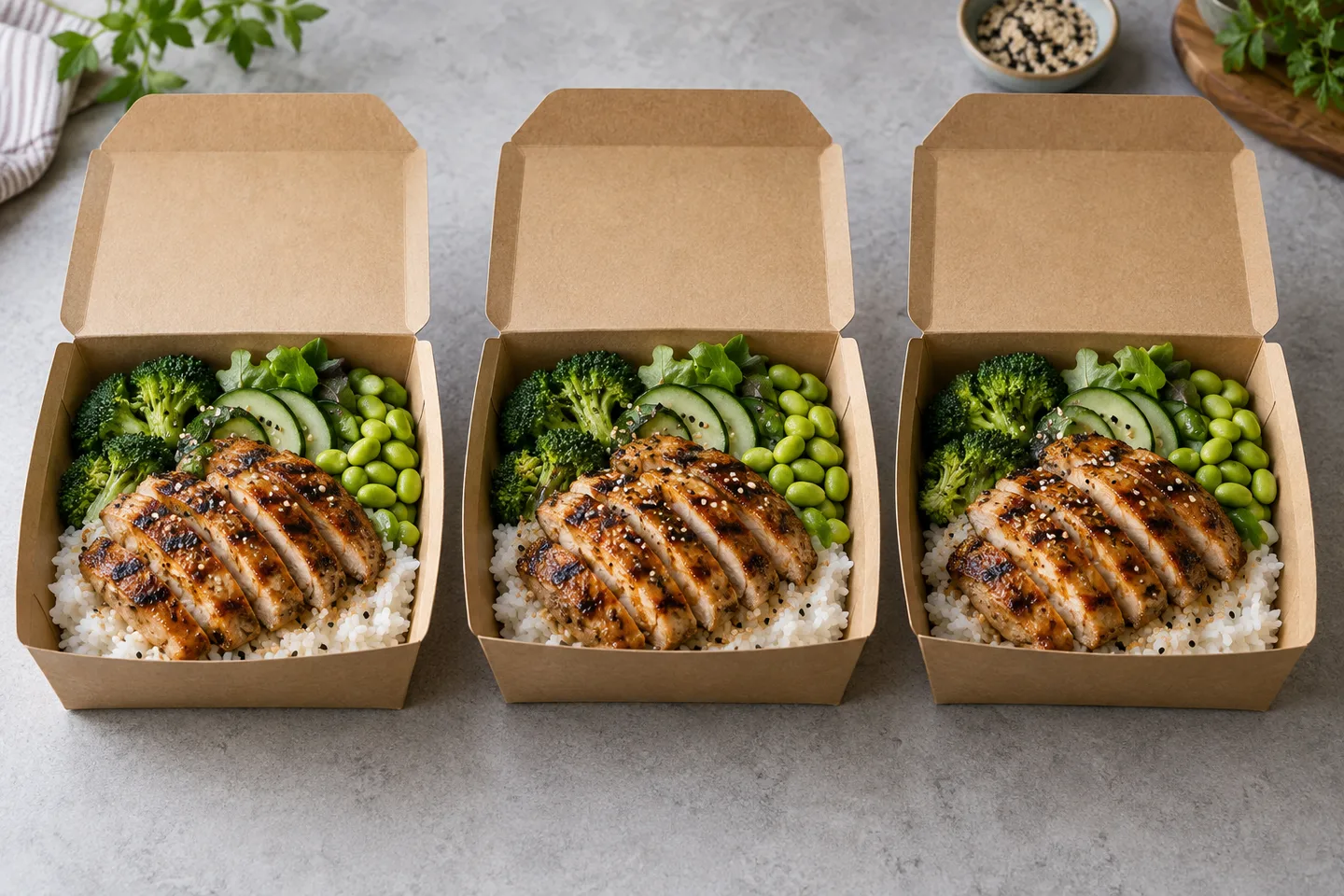 Three identical takeaway boxes in a row on a neutral counter, each holding the same rice bowl with grilled chicken and greens