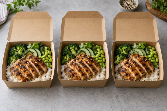 Three identical takeaway boxes in a row on a neutral counter, each holding the same rice bowl with grilled chicken and greens