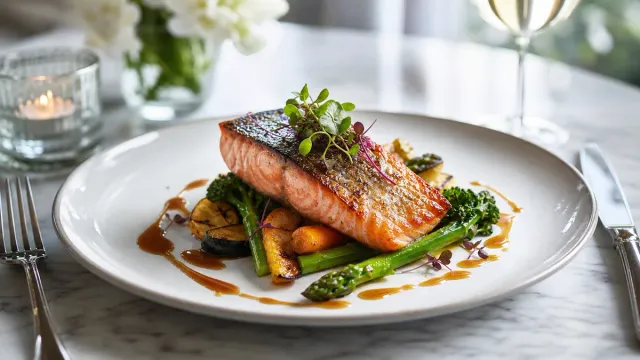 Seared salmon with vegetables on a ceramic plate.