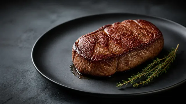 A steak on a dark ceramic plate.