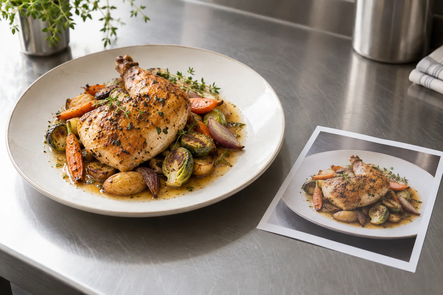 Roast chicken and seasonal vegetables on a plate beside a printed photo of the same dish on a stainless kitchen counter