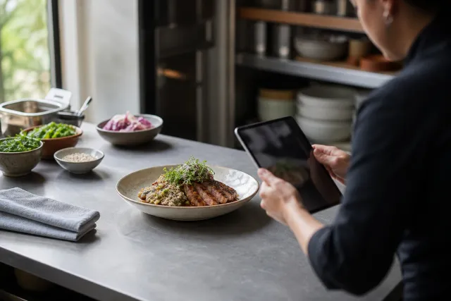 A plated dish prepared for a restaurant menu photograph in a working kitchen.