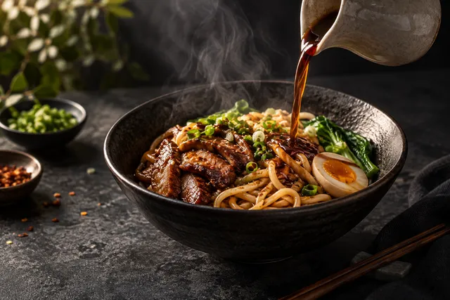A dark bowl of steaming noodles with a small jug pouring sauce, caught mid pour on a slate table
