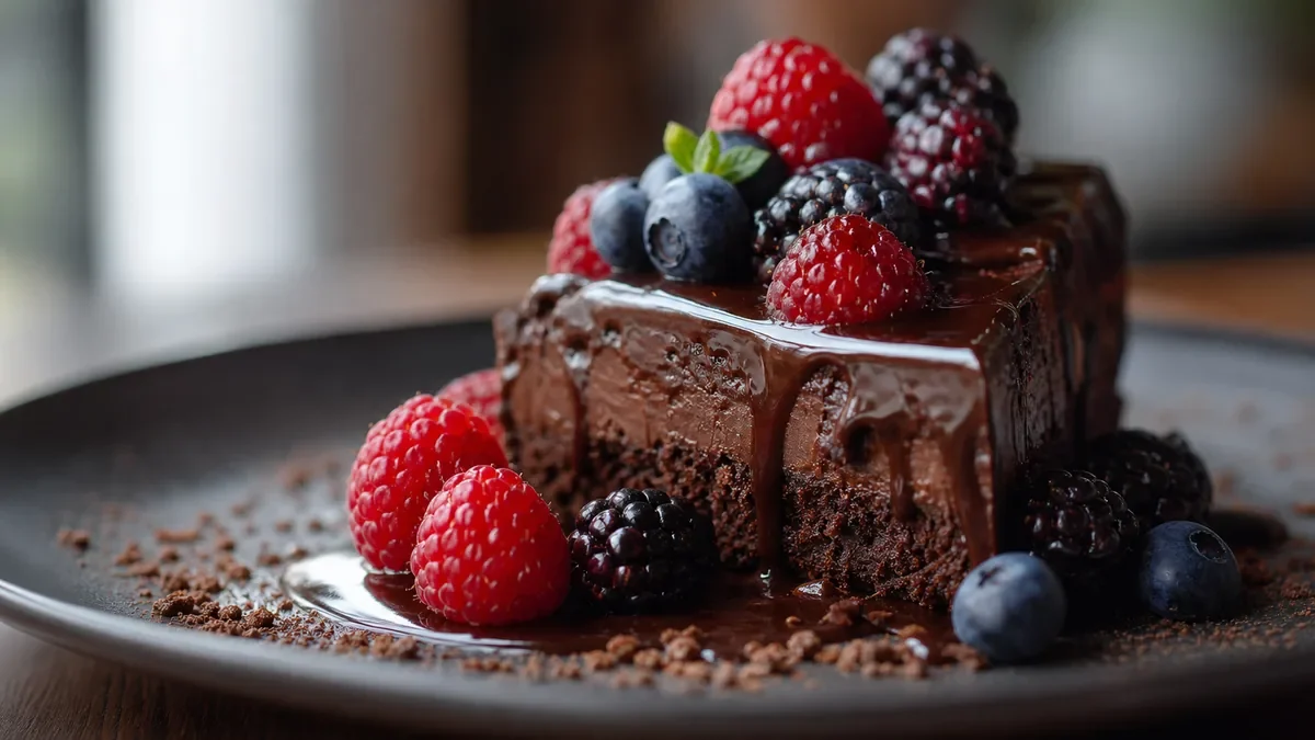 A chocolate dessert topped with berries.