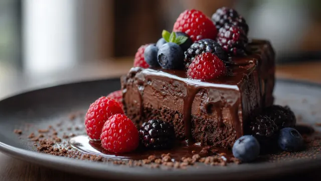 A chocolate dessert topped with berries.