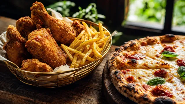 Fried chicken, fries and pizza on a dark tabletop.