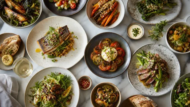 An overhead spread of different plated restaurant dishes.