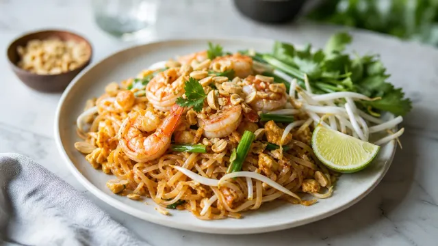 Noodles with shrimp, lime and herbs.