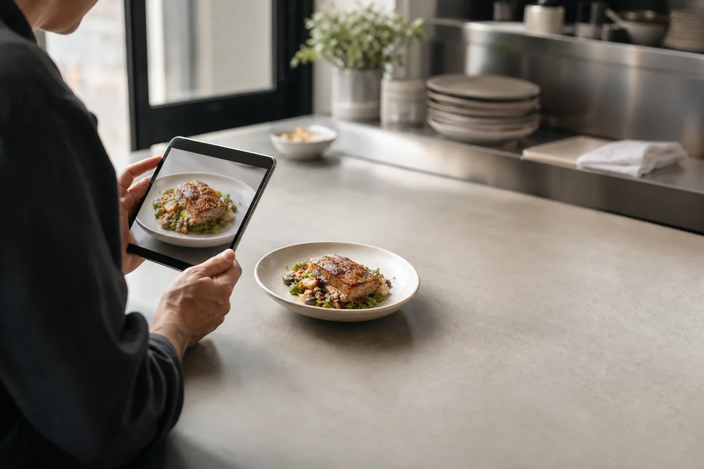 A plated restaurant dish being photographed with a mobile device.
