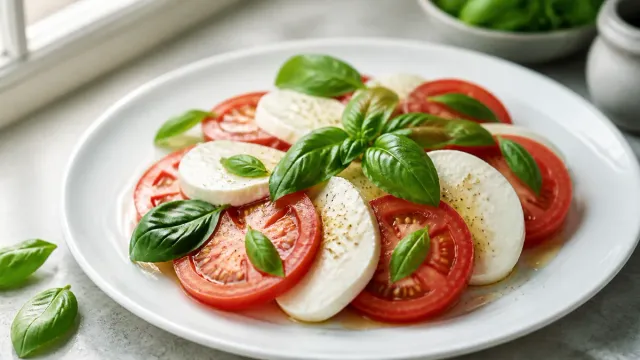 Tomato, mozzarella and basil on a pale plate.