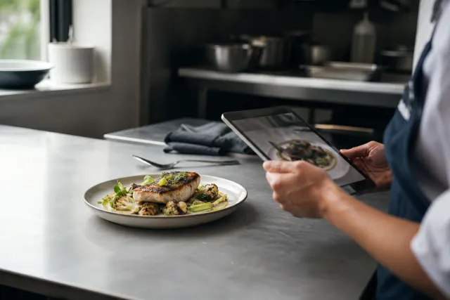 A plated restaurant dish being photographed with a mobile device.