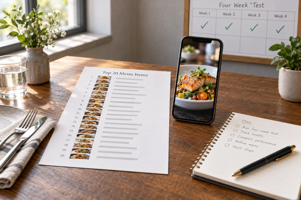 Illustrative four-week photo audit workflow with menu printout, phone photo and calendar on a restaurant desk.