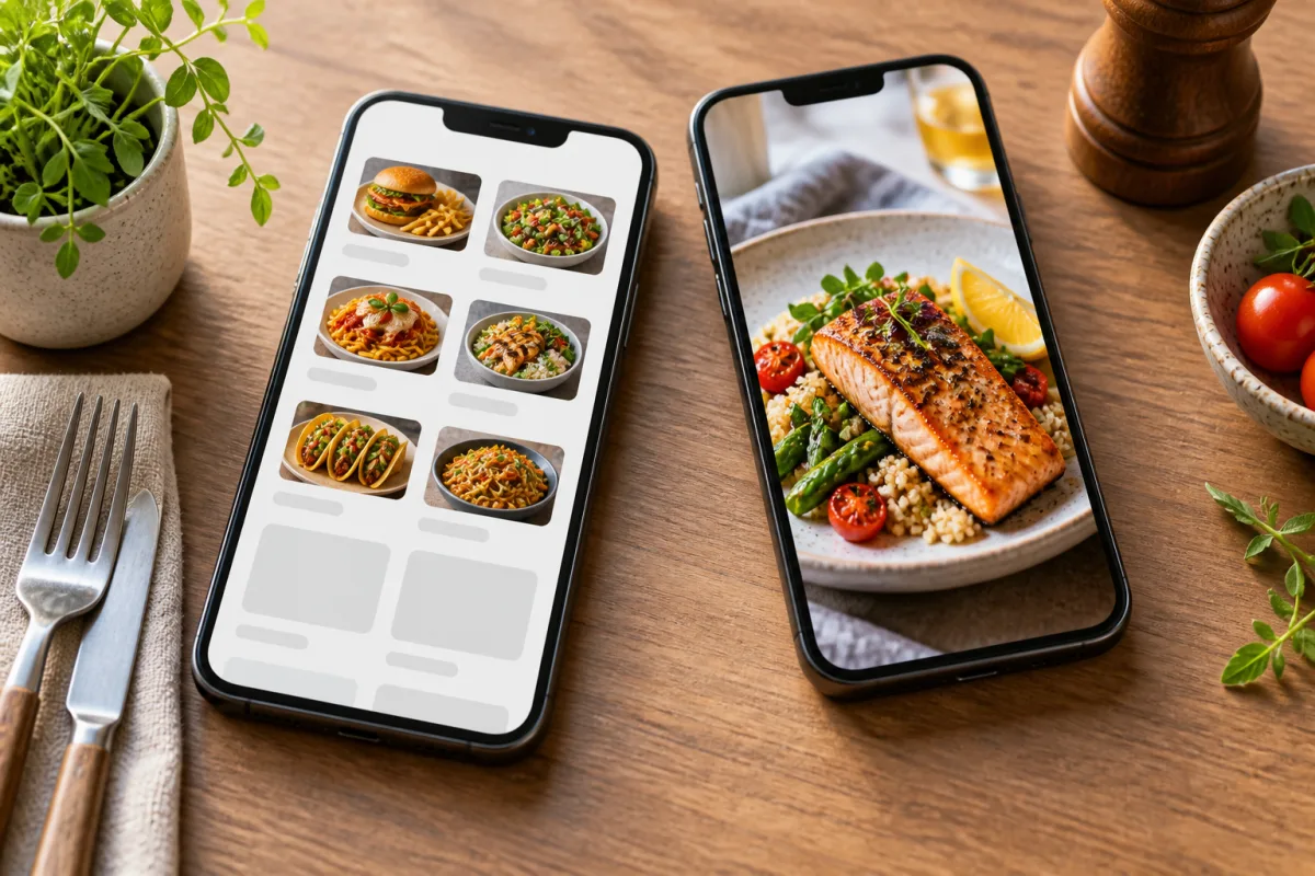 Illustrative comparison of delivery menu thumbnails with clear dish photos versus text-only listings on a phone screen.