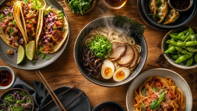 An overhead assortment of restaurant dishes and bowls.