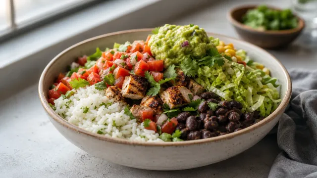 A rice bowl with beans, avocado and vegetables.