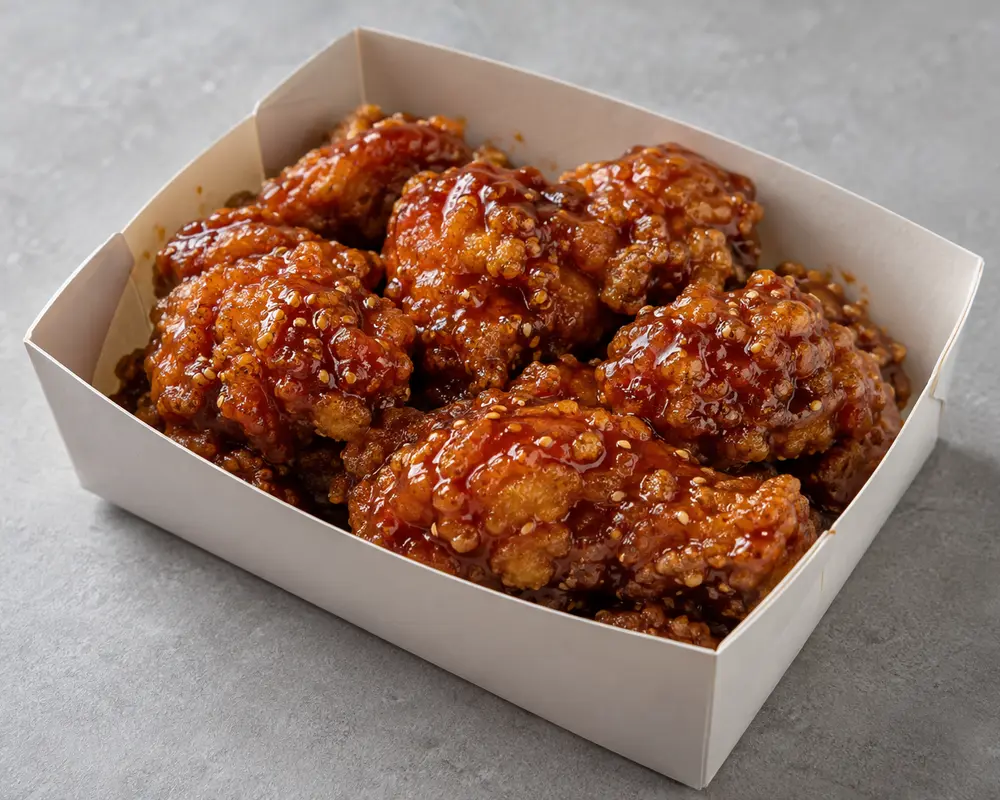 After: same Korean fried chicken on neutral background, delivery-ready crop — generated example