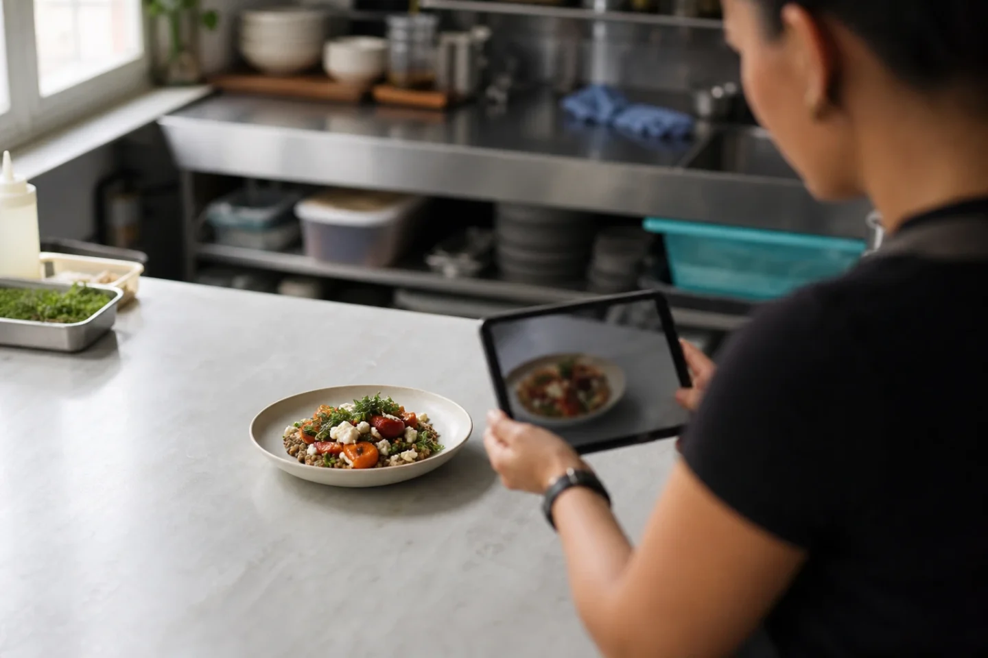 A plated dish prepared for a restaurant menu photograph in a working kitchen.