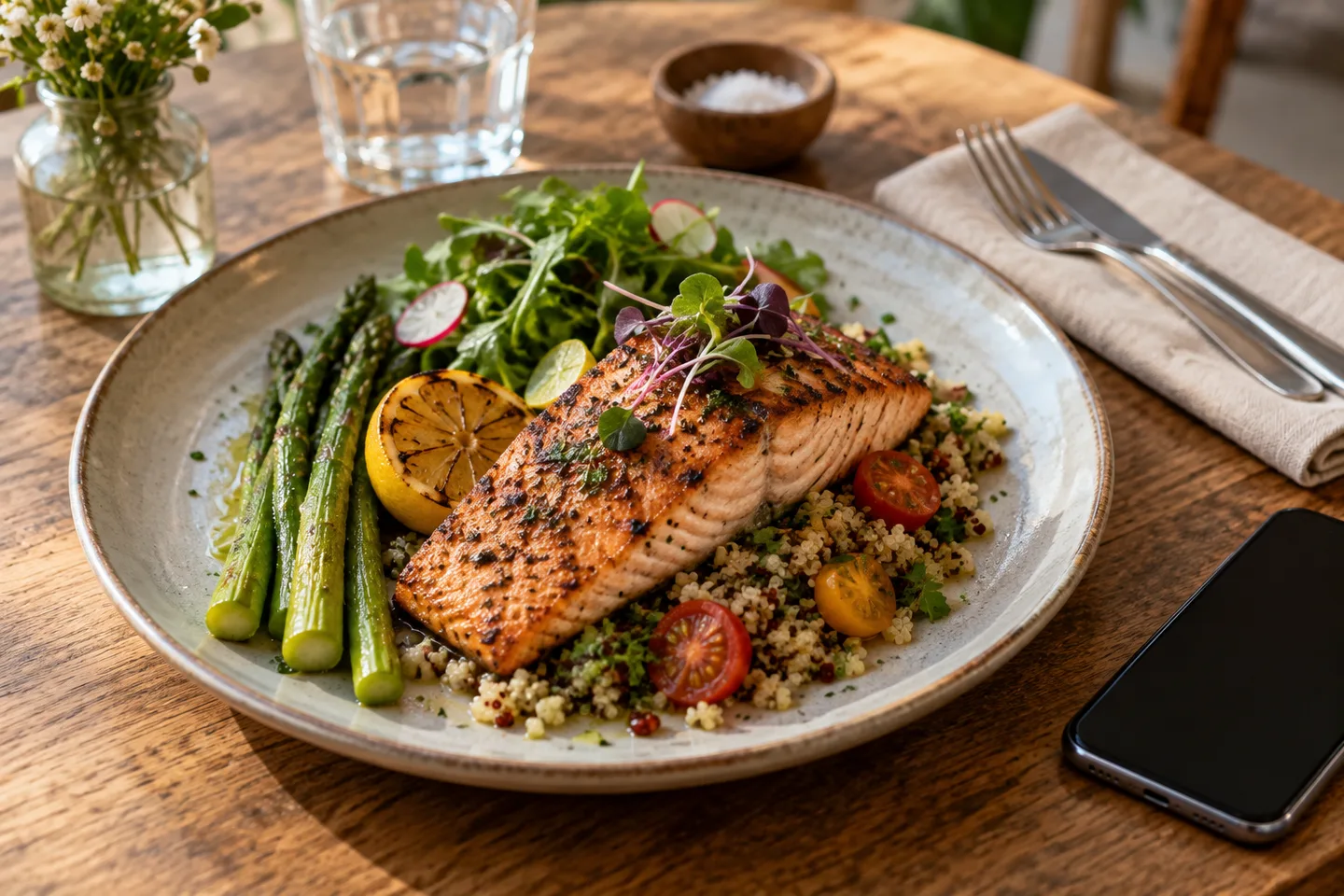 A plated salmon dish on a cafe table with a phone lying face down at the edge of the frame