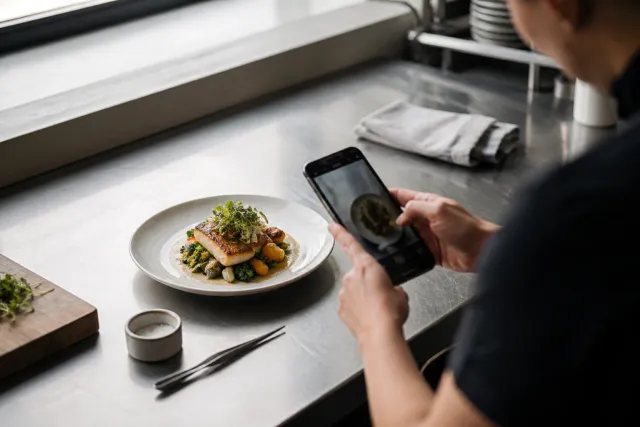 A plated dish prepared for a restaurant menu photograph in a working kitchen.