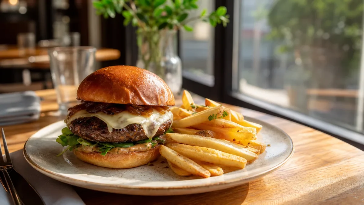 A burger and fries on a restaurant plate.