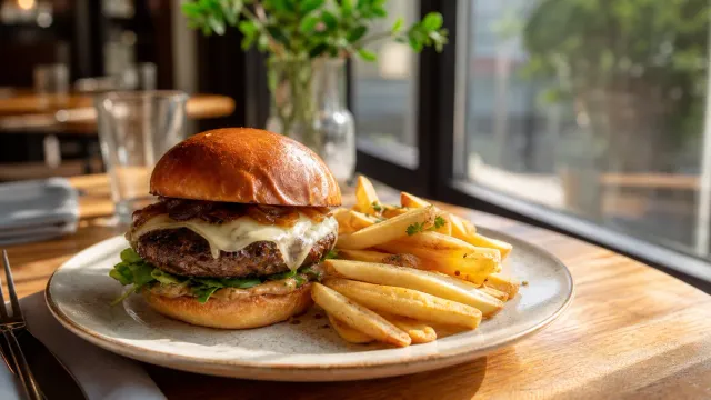 A burger and fries on a restaurant plate.