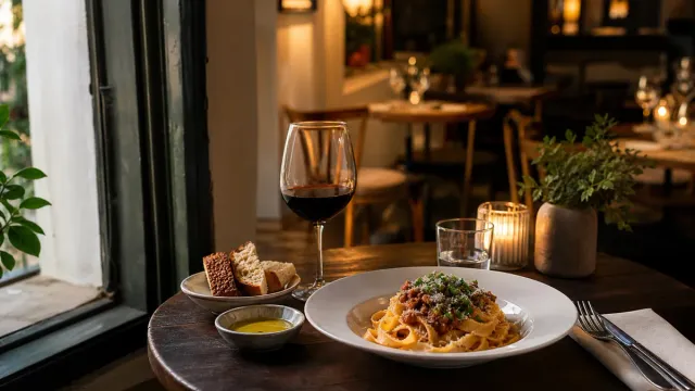 A pasta dish in an intimate restaurant setting.